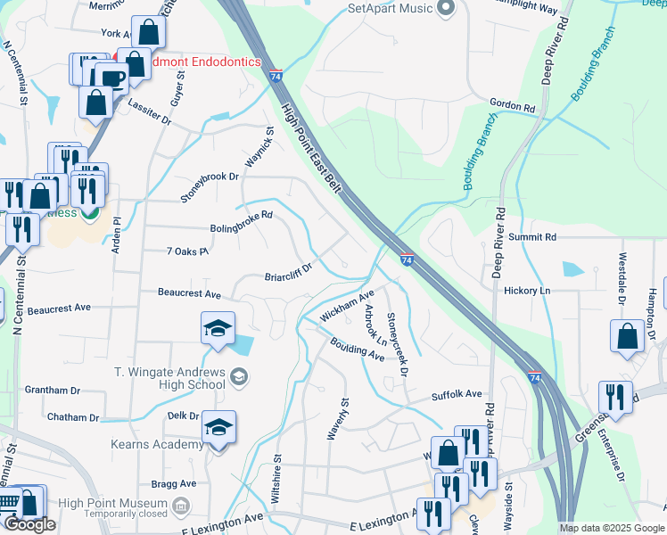 map of restaurants, bars, coffee shops, grocery stores, and more near 1806 Briarcliff Court in High Point