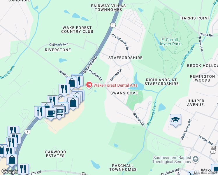map of restaurants, bars, coffee shops, grocery stores, and more near 885 Drogheda Place in Wake Forest