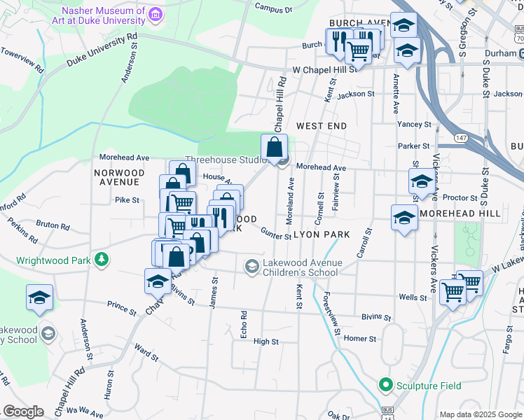 map of restaurants, bars, coffee shops, grocery stores, and more near 1704 Gunter Street in Durham