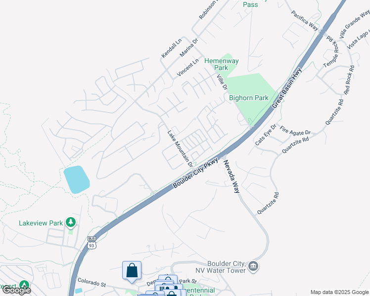 map of restaurants, bars, coffee shops, grocery stores, and more near 144 Lake Mountain Drive in Boulder City