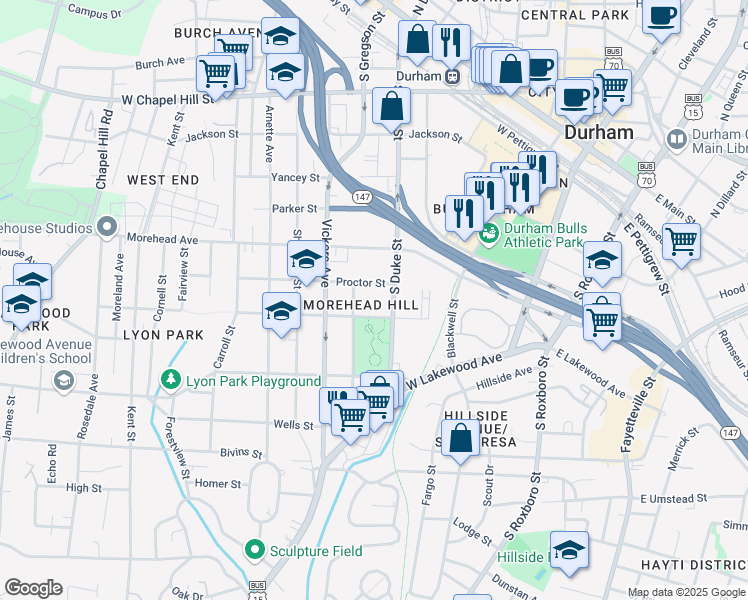 map of restaurants, bars, coffee shops, grocery stores, and more near 900 South Duke Street in Durham