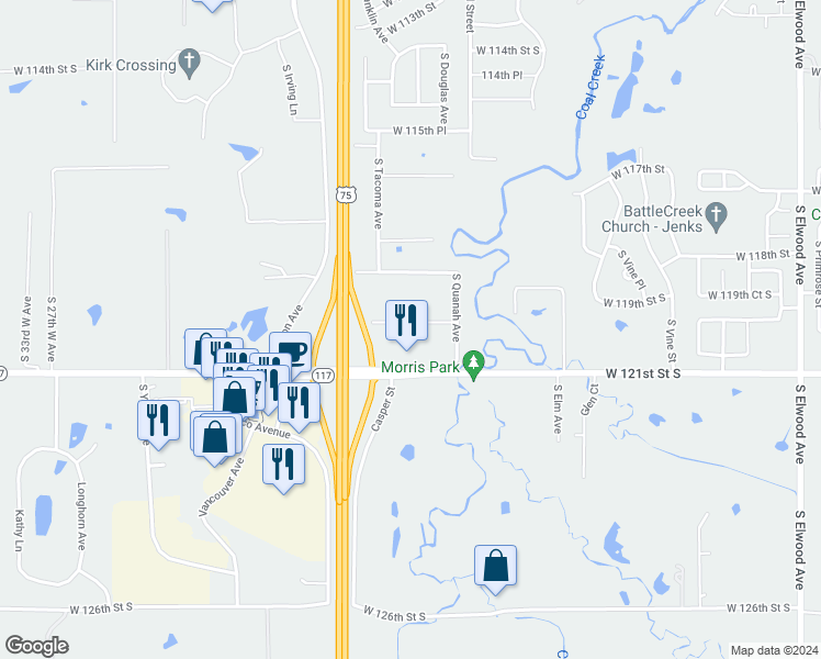 map of restaurants, bars, coffee shops, grocery stores, and more near 2922 West 120th Street South in Jenks