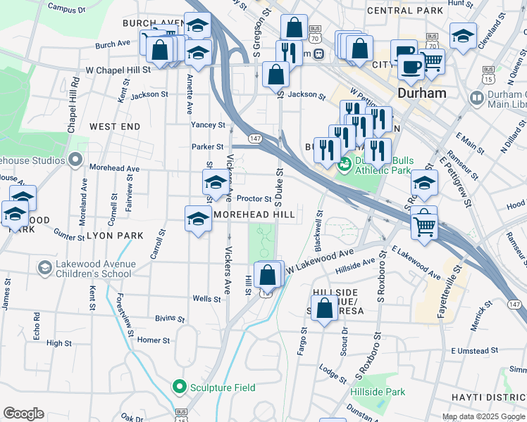 map of restaurants, bars, coffee shops, grocery stores, and more near 900 South Duke Street in Durham