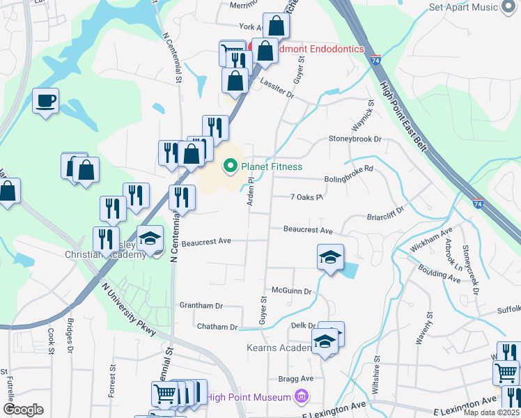map of restaurants, bars, coffee shops, grocery stores, and more near 1603 Woodside Avenue in High Point