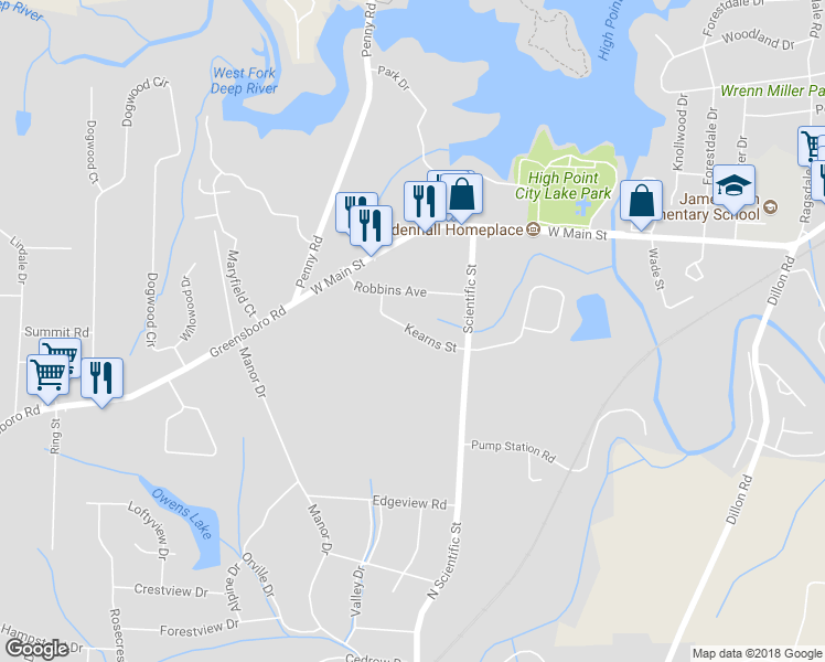 map of restaurants, bars, coffee shops, grocery stores, and more near 114 Kearns Street in Jamestown