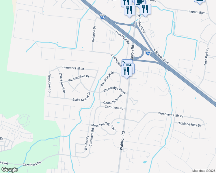 map of restaurants, bars, coffee shops, grocery stores, and more near 124 Stoneridge Parkway in La Vergne