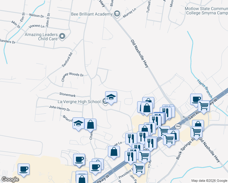 map of restaurants, bars, coffee shops, grocery stores, and more near 2122 Academy Way in La Vergne