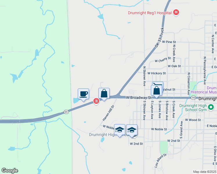 map of restaurants, bars, coffee shops, grocery stores, and more near 1007 W Broadway St in Drumright