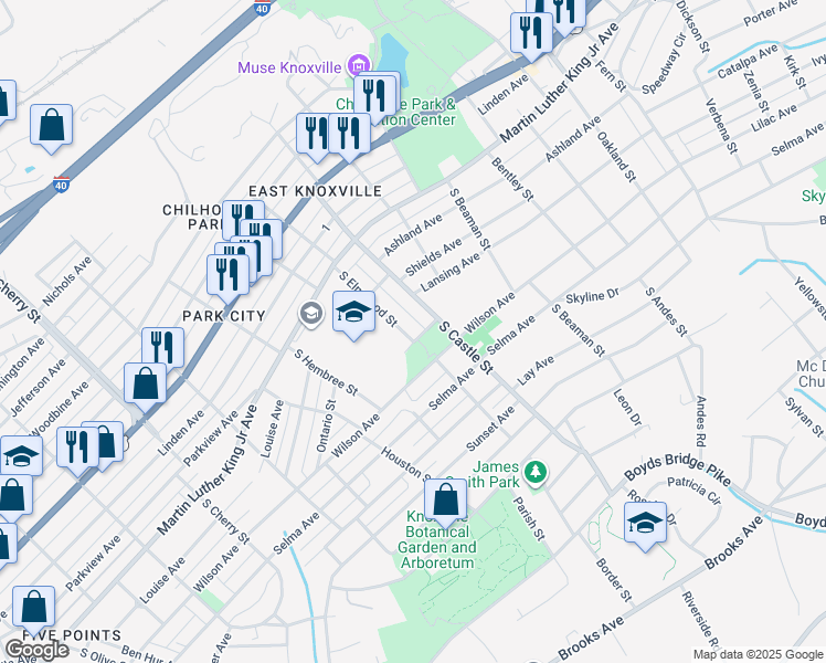map of restaurants, bars, coffee shops, grocery stores, and more near 322 South Elmwood Street in Knoxville