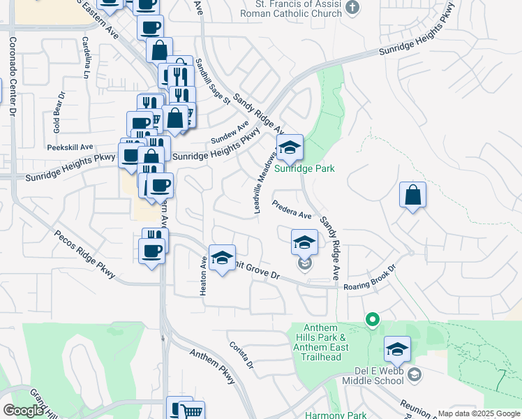 map of restaurants, bars, coffee shops, grocery stores, and more near 1009 Leadville Meadows Drive in Henderson