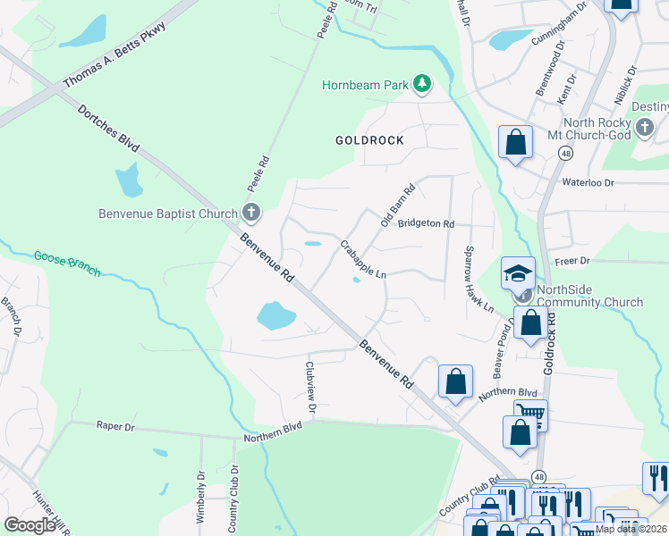 map of restaurants, bars, coffee shops, grocery stores, and more near 1521 Winterberry Drive in Rocky Mount