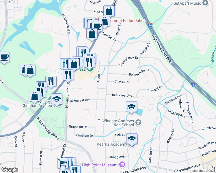 map of restaurants, bars, coffee shops, grocery stores, and more near 2100 Guyer Street in High Point