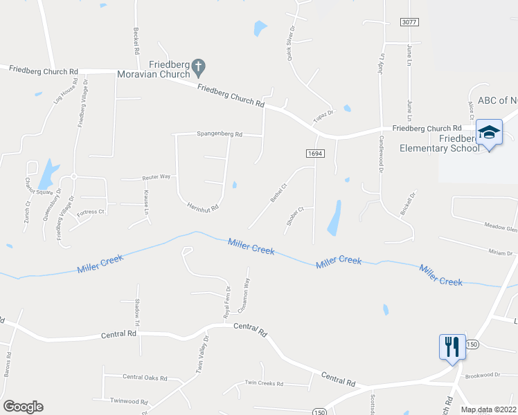 map of restaurants, bars, coffee shops, grocery stores, and more near 2737 Bethel Court in Winston-Salem