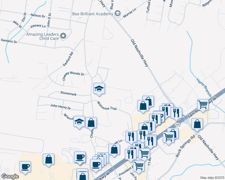 map of restaurants, bars, coffee shops, grocery stores, and more near 2122 Academy Way in La Vergne