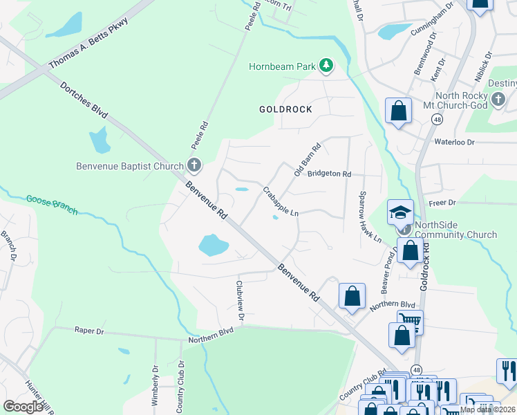 map of restaurants, bars, coffee shops, grocery stores, and more near 1521 Winterberry Drive in Rocky Mount