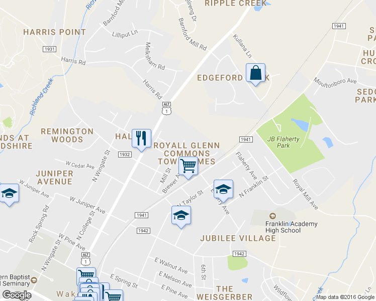 map of restaurants, bars, coffee shops, grocery stores, and more near 811 Brewer Avenue in Wake Forest
