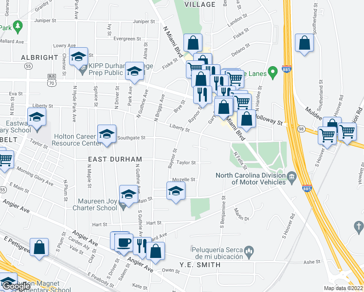 map of restaurants, bars, coffee shops, grocery stores, and more near 408 Raynor Street in Durham