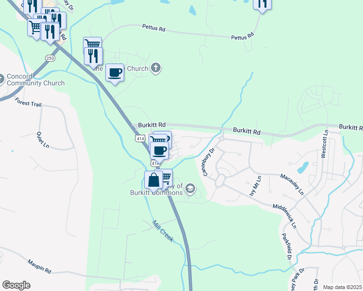 map of restaurants, bars, coffee shops, grocery stores, and more near 303 Kara Lane in Nolensville