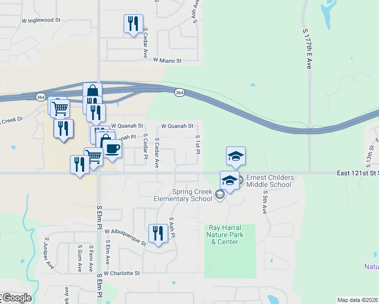 map of restaurants, bars, coffee shops, grocery stores, and more near 6320 South Ash Avenue in Broken Arrow