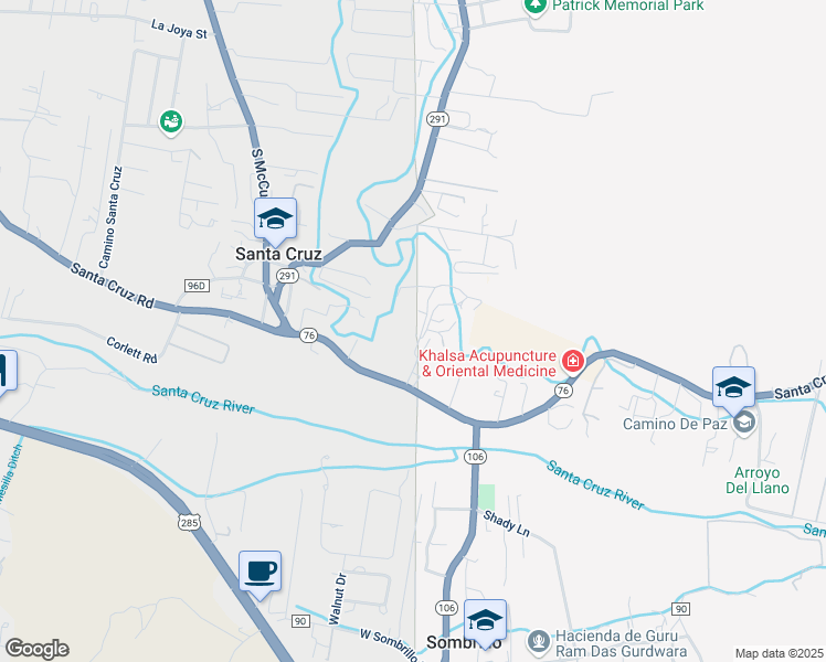 map of restaurants, bars, coffee shops, grocery stores, and more near 1615 New Mexico 76 in Santa Cruz