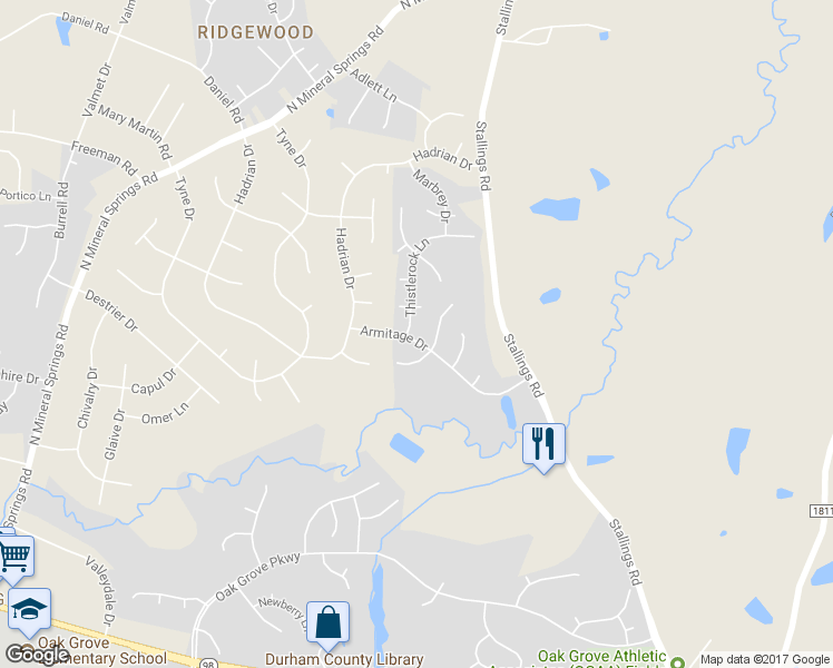 map of restaurants, bars, coffee shops, grocery stores, and more near 4319 Armitage Drive in Durham