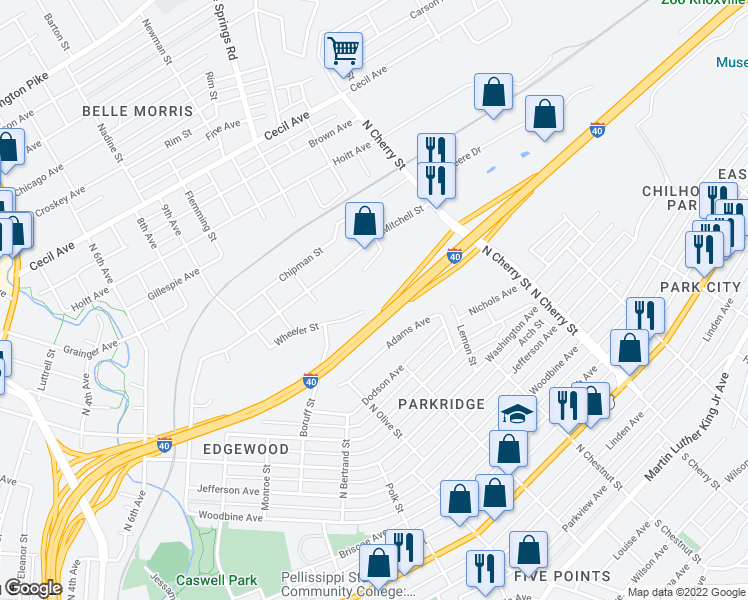 map of restaurants, bars, coffee shops, grocery stores, and more near 2340 Wheeler Street in Knoxville