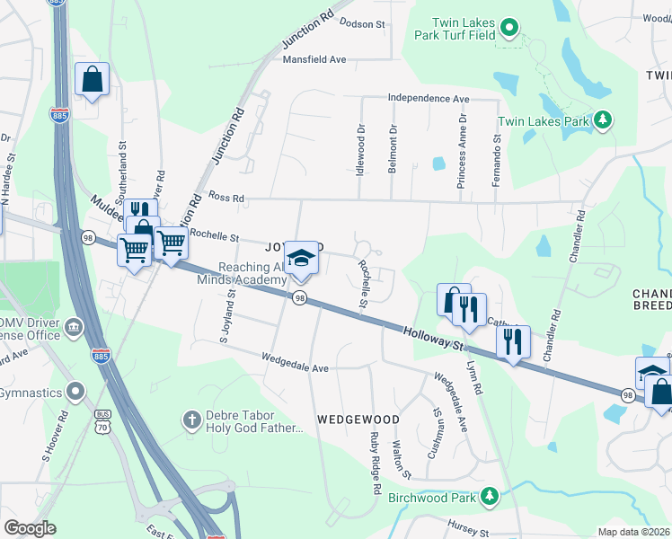 map of restaurants, bars, coffee shops, grocery stores, and more near 107 North Woodcrest Street in Durham