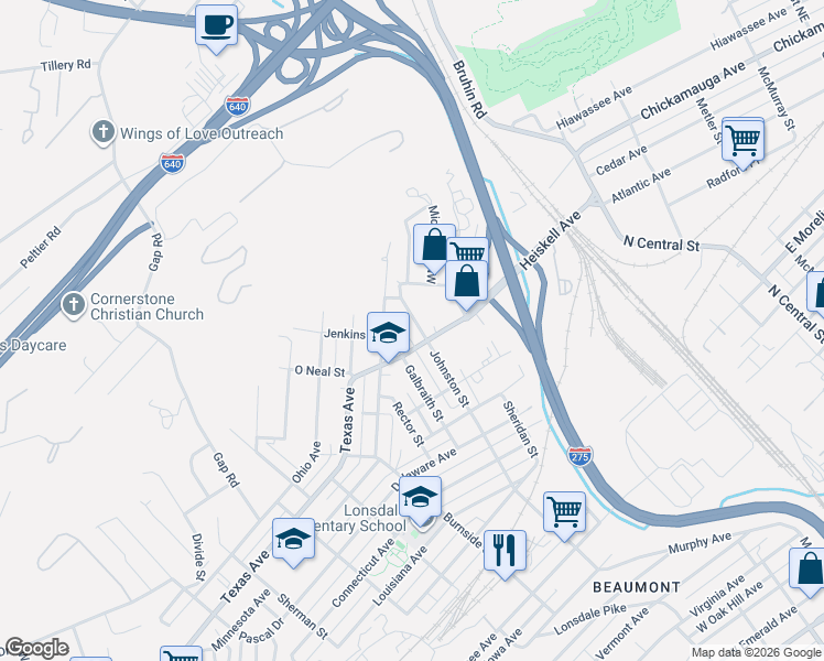 map of restaurants, bars, coffee shops, grocery stores, and more near 3201 Johnston Street in Knoxville