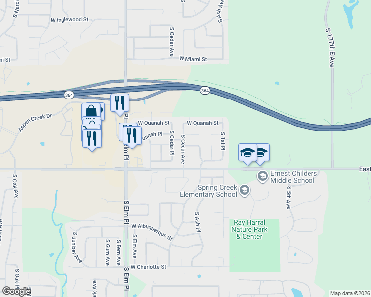 map of restaurants, bars, coffee shops, grocery stores, and more near 6304 South Birch Avenue in Broken Arrow