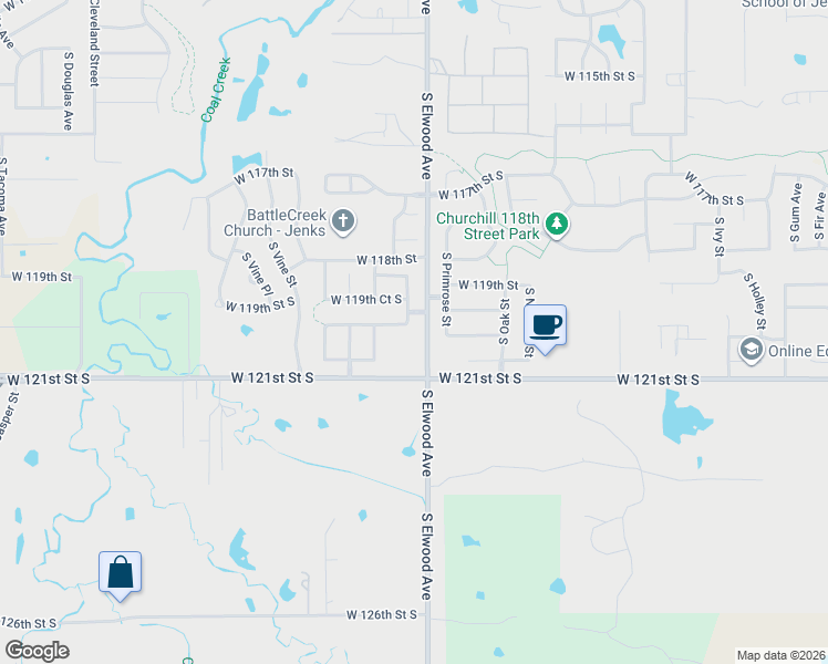 map of restaurants, bars, coffee shops, grocery stores, and more near 12007 South Redbud Street in Jenks