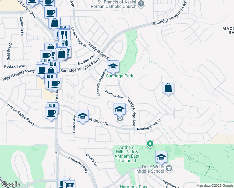 map of restaurants, bars, coffee shops, grocery stores, and more near 2402 Predera Avenue in Henderson