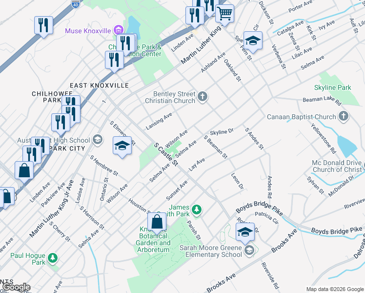 map of restaurants, bars, coffee shops, grocery stores, and more near 3201 Selma Avenue in Knoxville