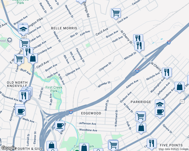map of restaurants, bars, coffee shops, grocery stores, and more near 1908 Chipman Street in Knoxville