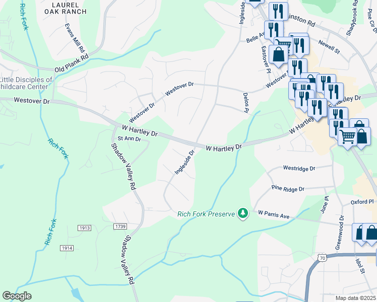 map of restaurants, bars, coffee shops, grocery stores, and more near 2549 Ingleside Drive in High Point