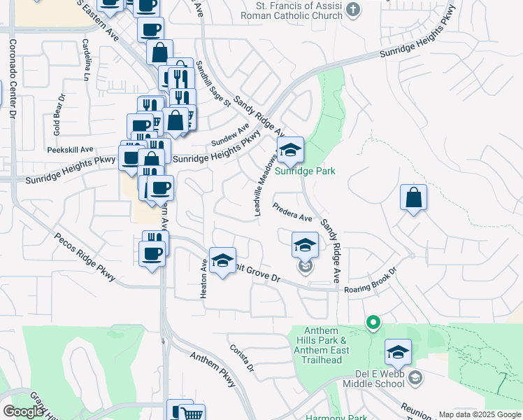 map of restaurants, bars, coffee shops, grocery stores, and more near 1003 Leadville Meadows Drive in Henderson