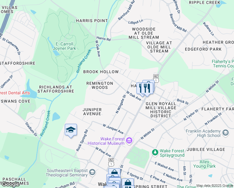 map of restaurants, bars, coffee shops, grocery stores, and more near 123 Abercrombie Road in Wake Forest