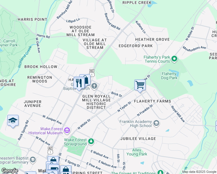 map of restaurants, bars, coffee shops, grocery stores, and more near 811 Brewer Avenue in Wake Forest