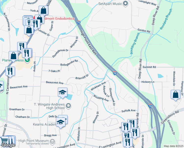map of restaurants, bars, coffee shops, grocery stores, and more near 2104 Briarcliff Drive in High Point