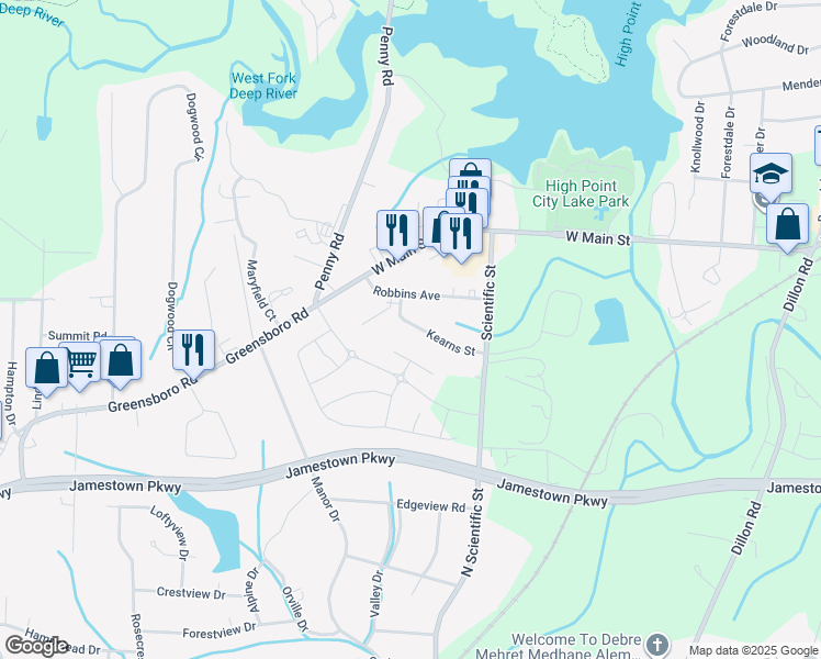 map of restaurants, bars, coffee shops, grocery stores, and more near 121 Kearns Street in Jamestown