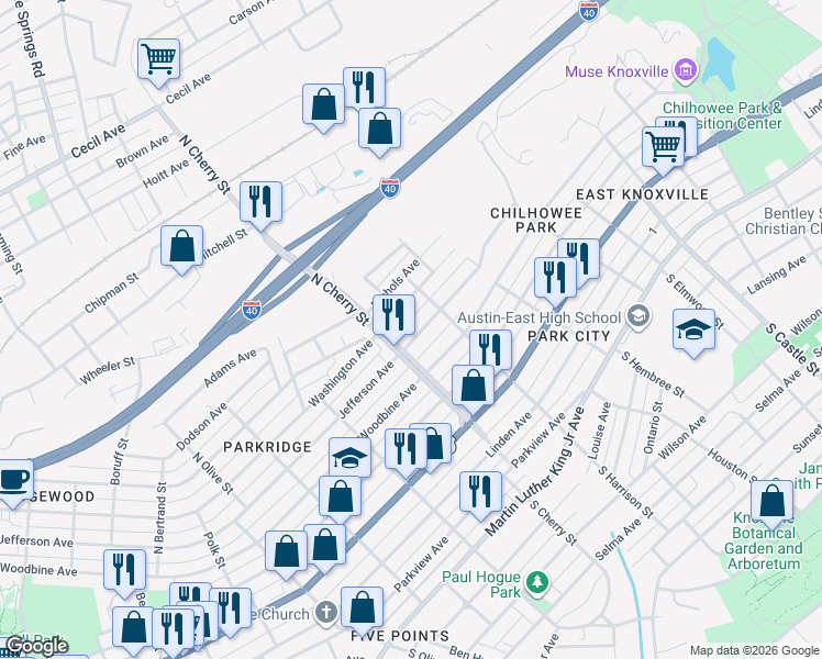map of restaurants, bars, coffee shops, grocery stores, and more near 2611 Jefferson Avenue in Knoxville