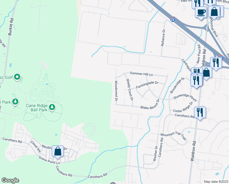 map of restaurants, bars, coffee shops, grocery stores, and more near 598 Woodcrest Drive in La Vergne