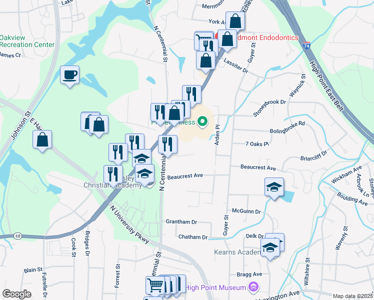 map of restaurants, bars, coffee shops, grocery stores, and more near 1515 Woodside Avenue in High Point