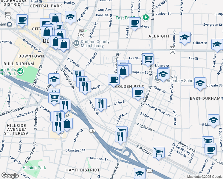 map of restaurants, bars, coffee shops, grocery stores, and more near 807 East Main Street in Durham