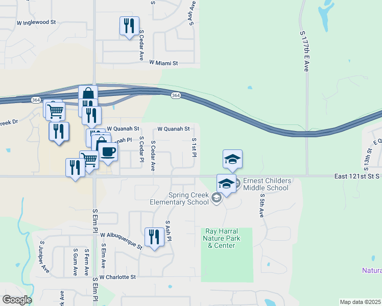 map of restaurants, bars, coffee shops, grocery stores, and more near 6320 South Ash Avenue in Broken Arrow