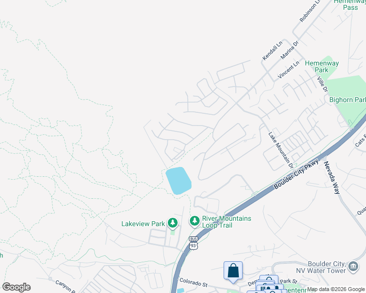 map of restaurants, bars, coffee shops, grocery stores, and more near 595 Lake Michigan Lane in Boulder City