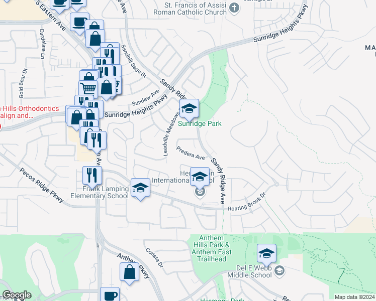 map of restaurants, bars, coffee shops, grocery stores, and more near 2412 Predera Avenue in Henderson