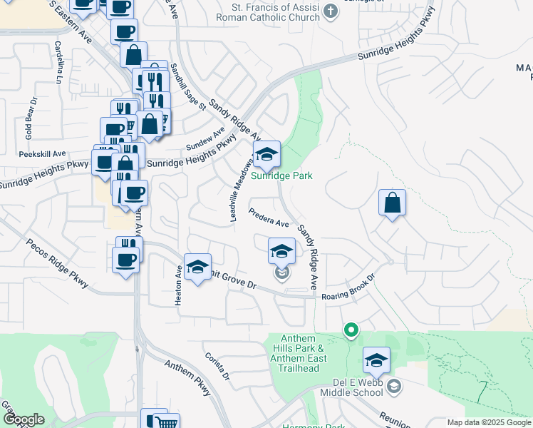 map of restaurants, bars, coffee shops, grocery stores, and more near 2412 Predera Avenue in Henderson
