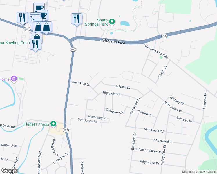 map of restaurants, bars, coffee shops, grocery stores, and more near 406 Adeline Drive in Smyrna