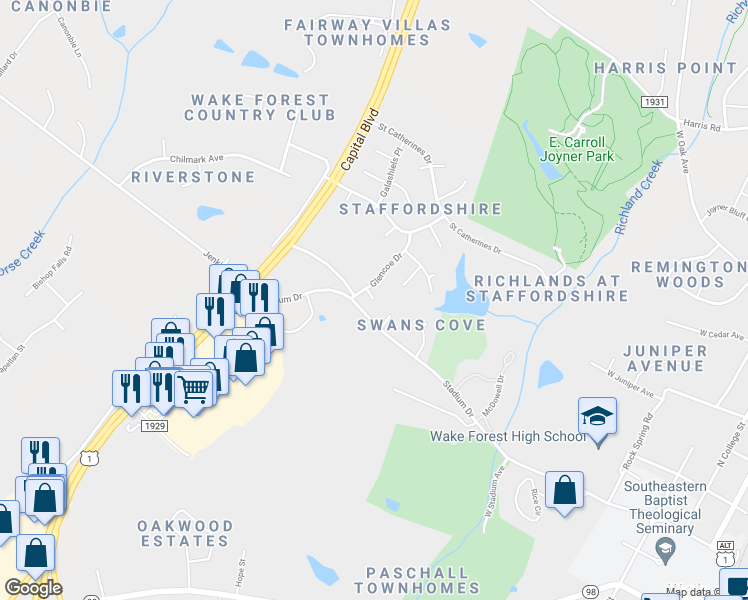 map of restaurants, bars, coffee shops, grocery stores, and more near 876 Drogheda Place in Wake Forest
