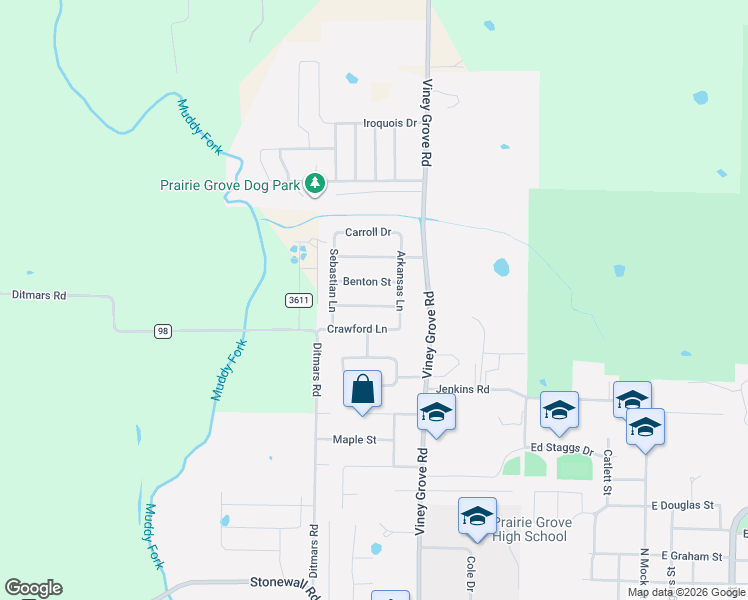 map of restaurants, bars, coffee shops, grocery stores, and more near 760 Madison Drive in Prairie Grove